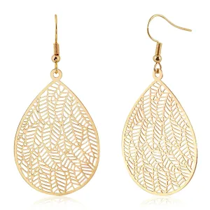 14K Gold Plated Teardrop Drop Dangle Earrings Gold Leaf Earrings for Women Trendy Filigree Hanging Earrings for Gift