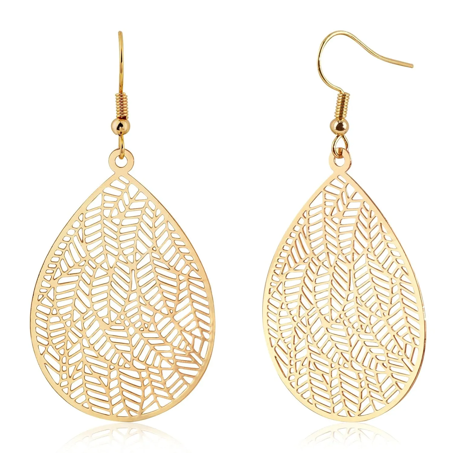 14K Gold Plated Teardrop Drop Dangle Earrings Gold Leaf Earrings for Women Trendy Filigree Hanging Earrings for Gift