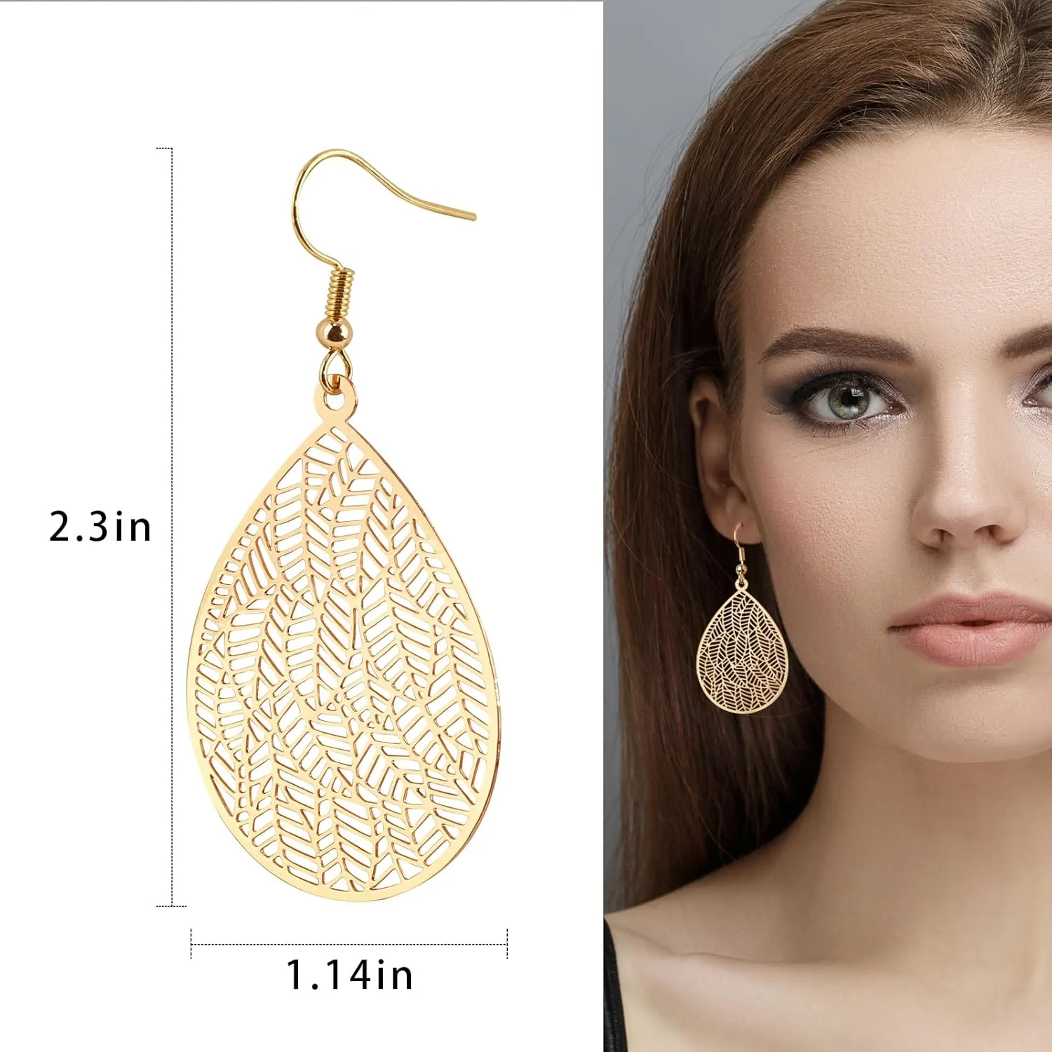 14K Gold Plated Teardrop Drop Dangle Earrings Gold Leaf Earrings for Women Trendy Filigree Hanging Earrings for Gift