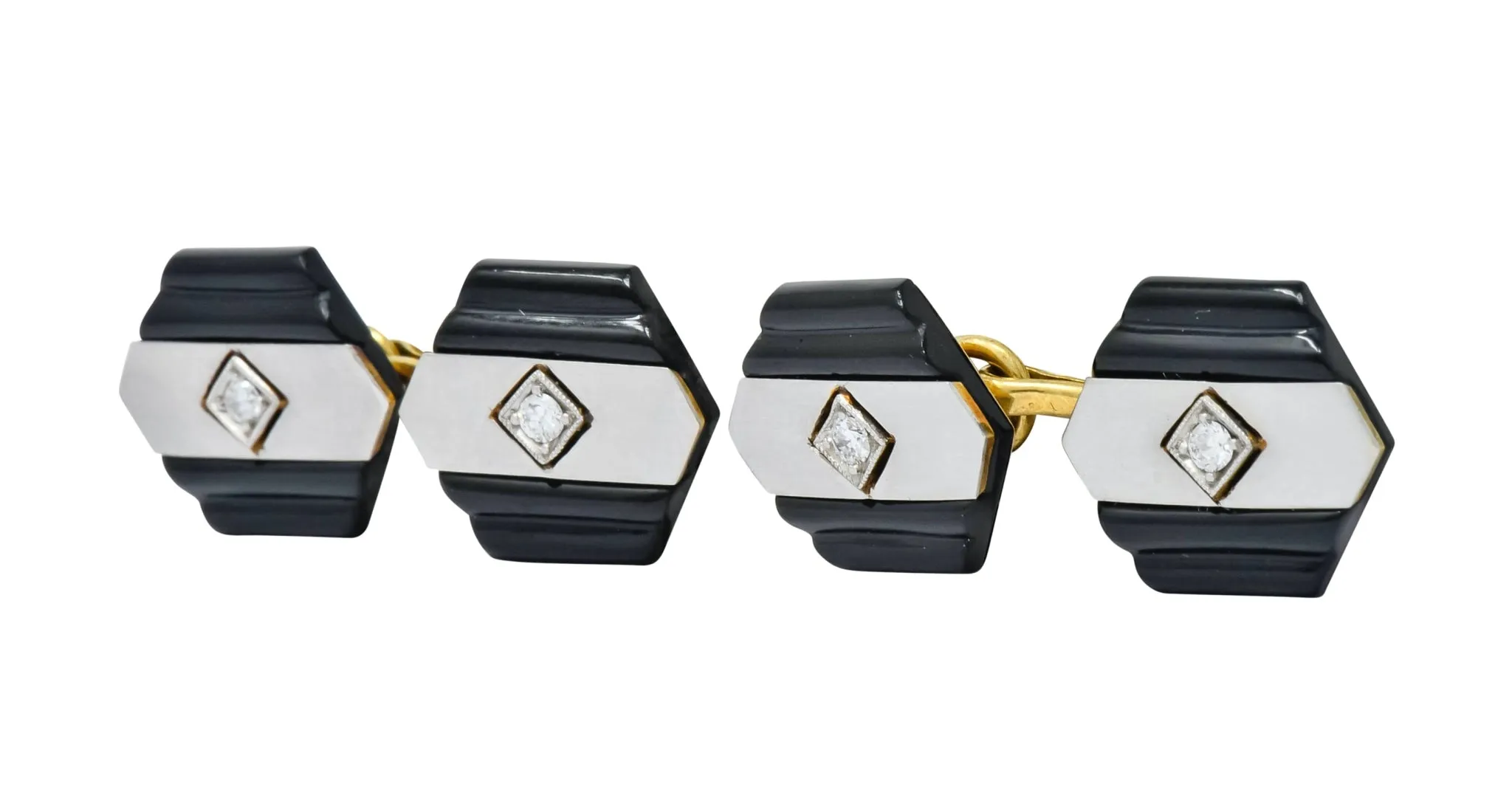 1920's Art Deco Diamond Onyx Platinum 18 Karat Gold Men's Cufflinks