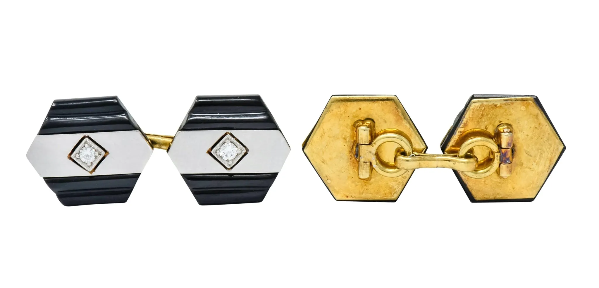 1920's Art Deco Diamond Onyx Platinum 18 Karat Gold Men's Cufflinks