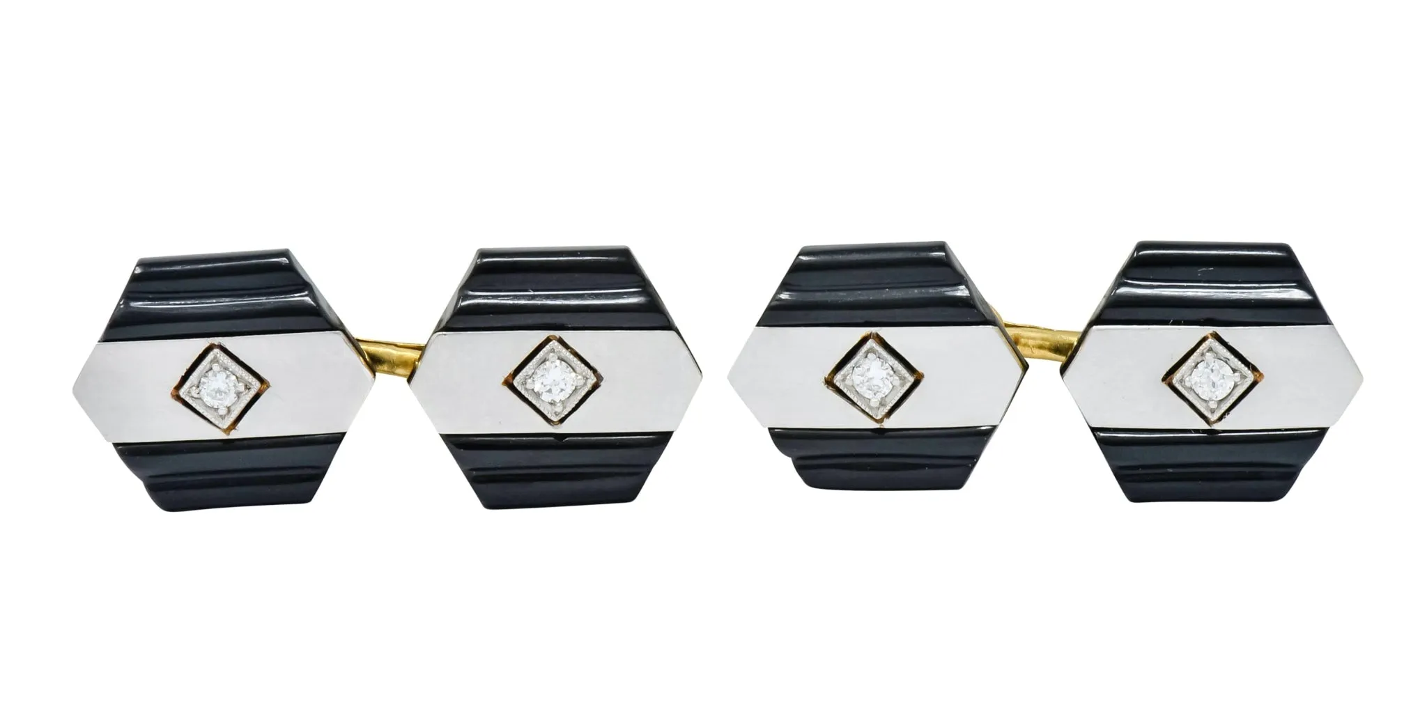 1920's Art Deco Diamond Onyx Platinum 18 Karat Gold Men's Cufflinks