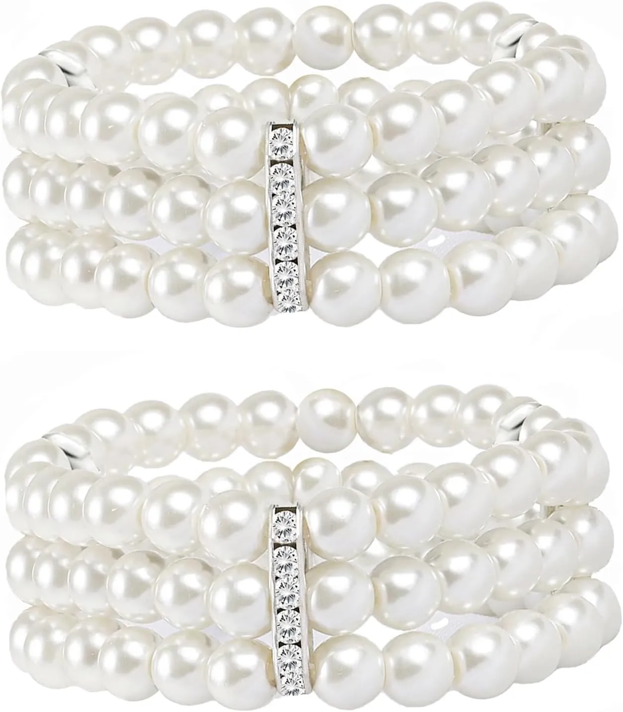 2-8Pcs 1920s Flapper Imitation Pearl Bracelet 3-Rows Stretch Bracelet Multi-Layered Elastic Bangle Bridal Wedding Jewelry Roaring 20s Accessories Jewelry