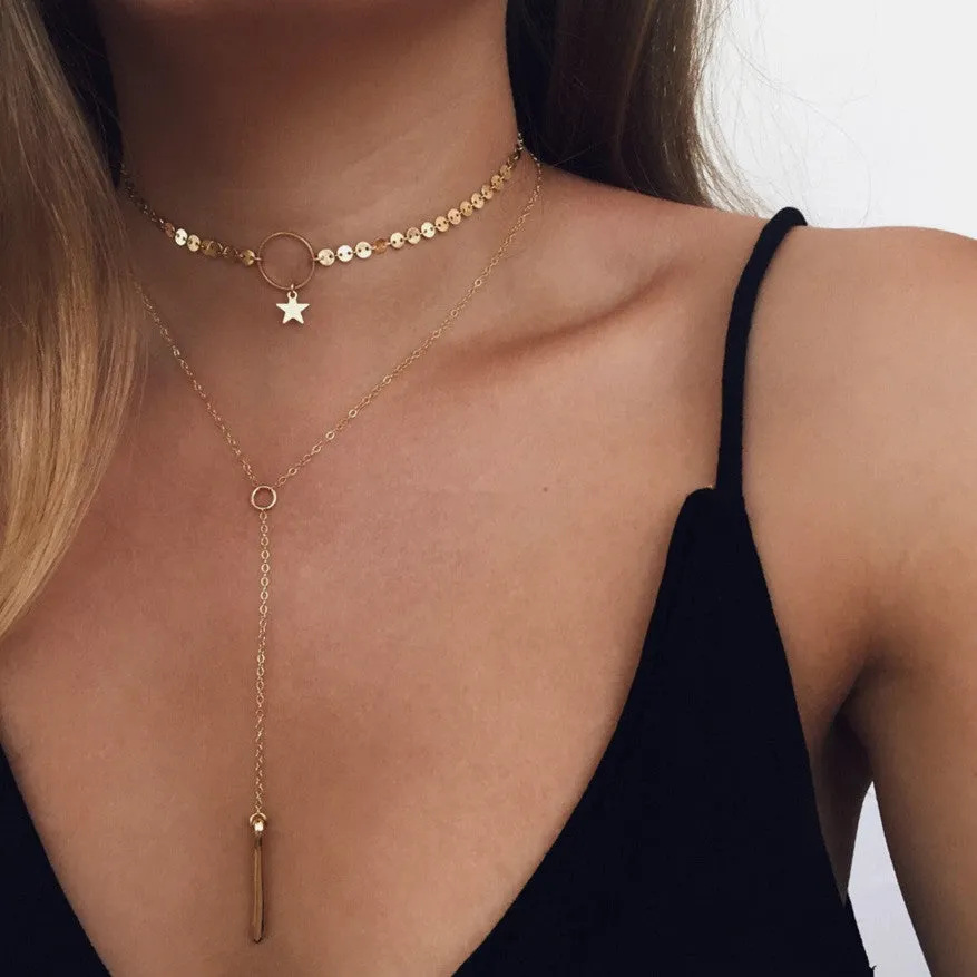 2021 Bohemia Multi Layer Star Moon Tassel Choker Necklace Charm Long Chain Circle Pendent Necklace Jewelry Gifts for Women Girls