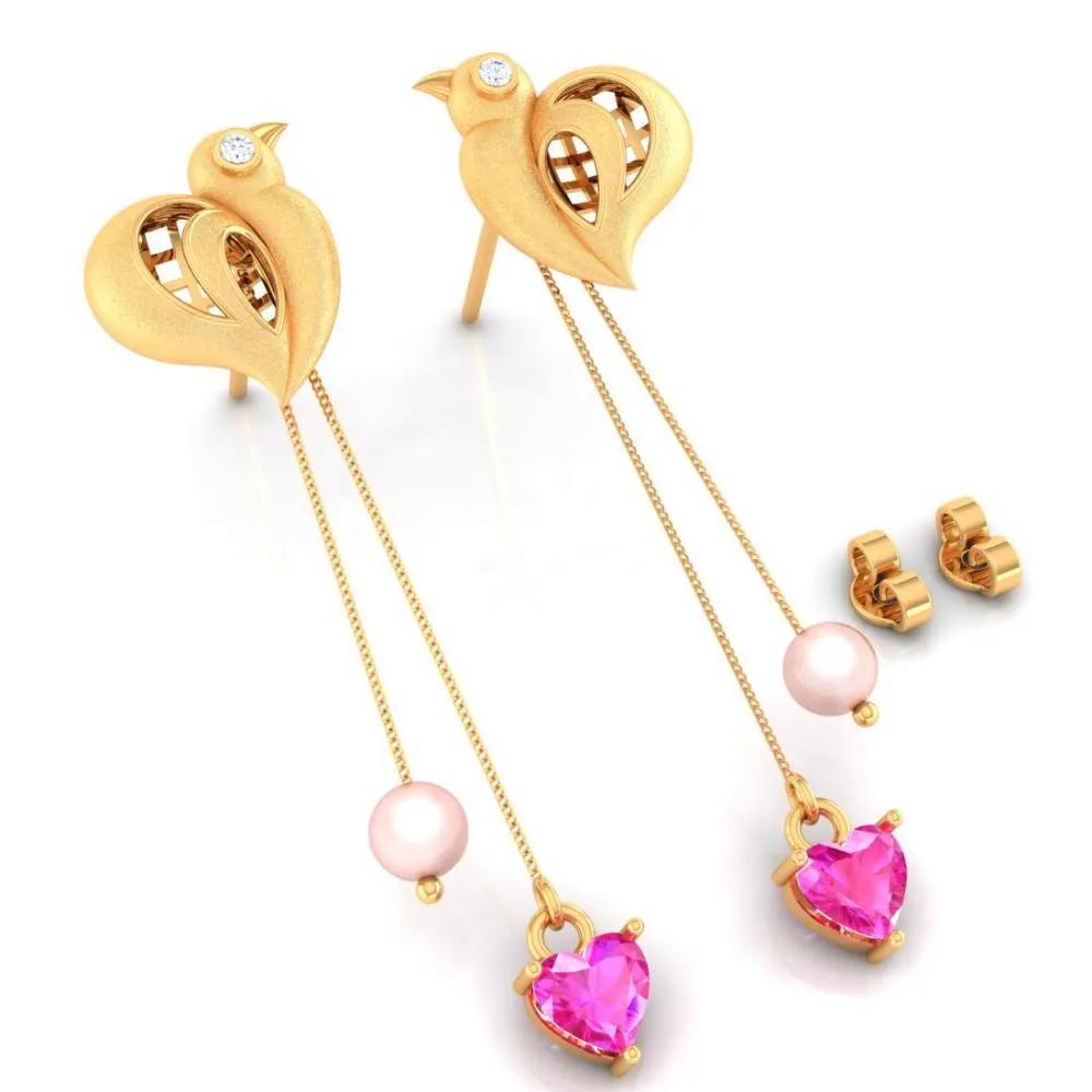 22k Birds Hold Pink Hearts And Balls Gold Diamond Earrings
