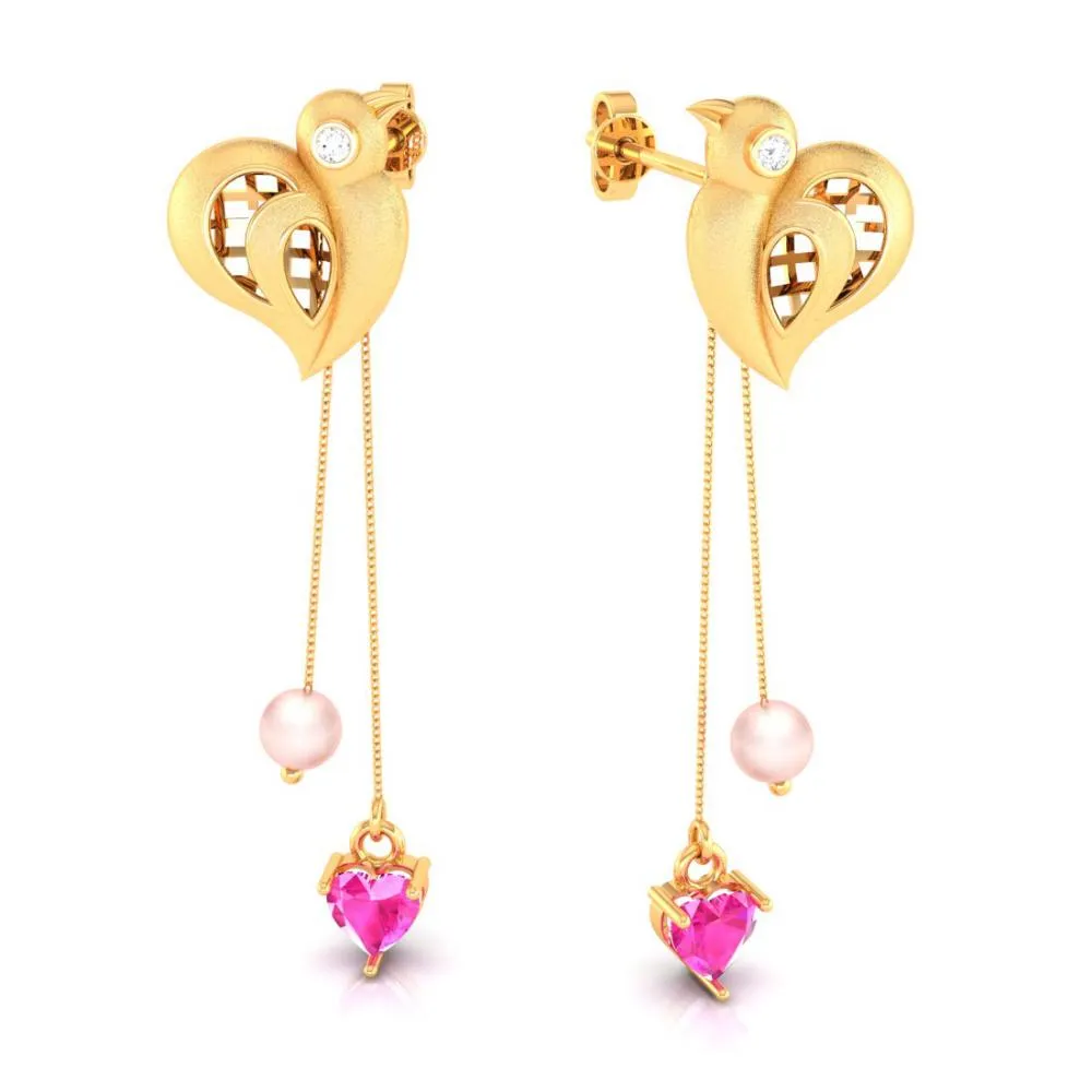 22k Birds Hold Pink Hearts And Balls Gold Diamond Earrings