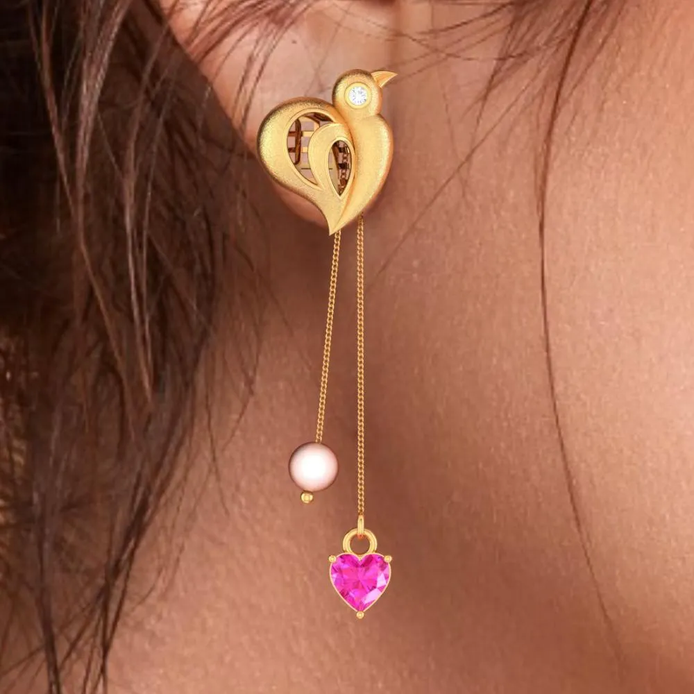 22k Birds Hold Pink Hearts And Balls Gold Diamond Earrings