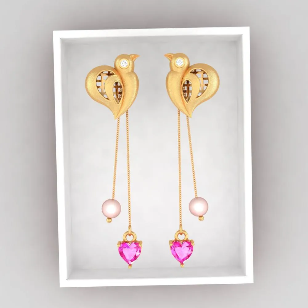 22k Birds Hold Pink Hearts And Balls Gold Diamond Earrings