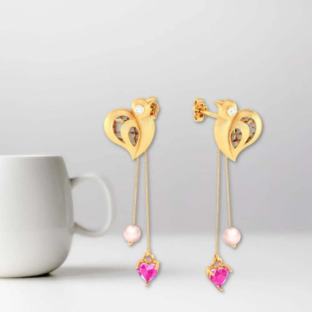22k Birds Hold Pink Hearts And Balls Gold Diamond Earrings