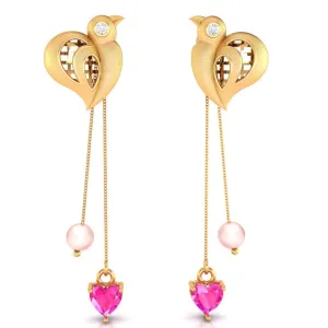 22k Birds Hold Pink Hearts And Balls Gold Diamond Earrings