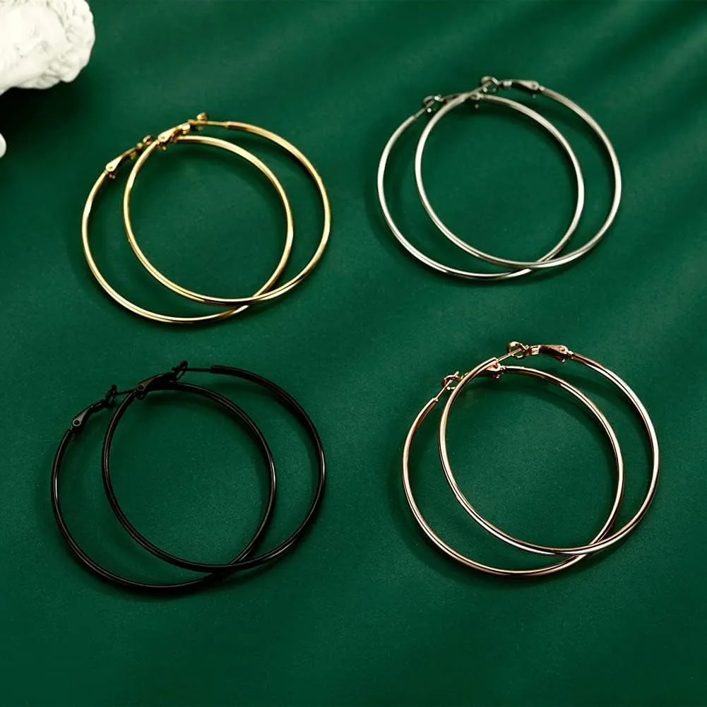 4 Pairs Big Hoop Earrings for Women, 316L Stainless Steel Hypoallergenic Hoop Earrings Silver Plated 14K Gold Plated Rose Gold Plated Black Gold Plated Earrings Set