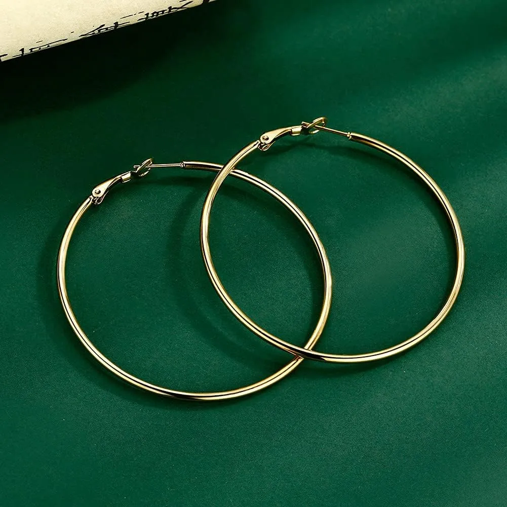 4 Pairs Big Hoop Earrings for Women, 316L Stainless Steel Hypoallergenic Hoop Earrings Silver Plated 14K Gold Plated Rose Gold Plated Black Gold Plated Earrings Set