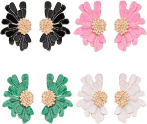 4 Pairs Hypoallergenic Gold Flower Earrings Set for Women Statement Earrings Large Stud Floral Earrings Tropical Earrings Spring Summer Earrings Gold Black Green White Pink Statement Earrings for Women Oversized