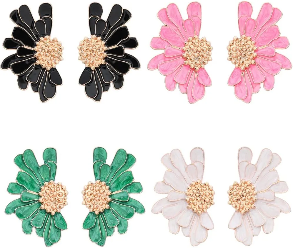 4 Pairs Hypoallergenic Gold Flower Earrings Set for Women Statement Earrings Large Stud Floral Earrings Tropical Earrings Spring Summer Earrings Gold Black Green White Pink Statement Earrings for Women Oversized