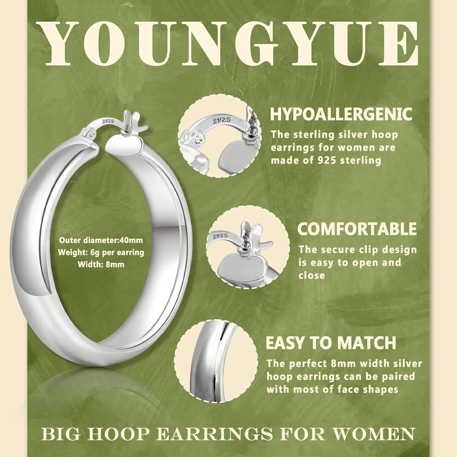 8mm Wide Chunky Gold Hoops 14K Real Gold Plated Hypoallergenic 925 Sterling Silver Hoops Lightweight Big Gold Hoop Earrings for Women 30/40/50/60mm