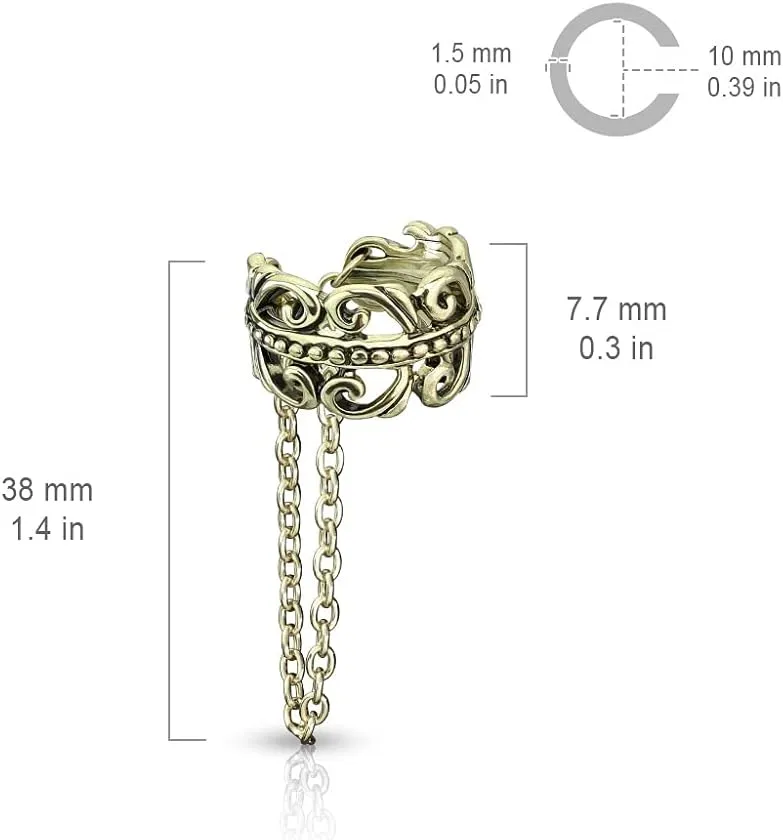 Aloha Earrings Celtic Heart Filigree with Dangling Chain Non-Piercing Ear Cuff