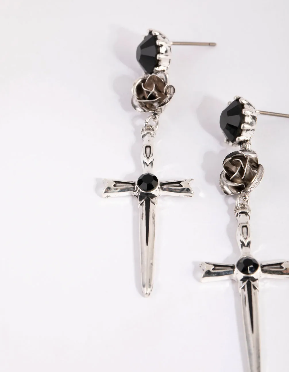 Antique Silver Rose & Sword Drop Earrings