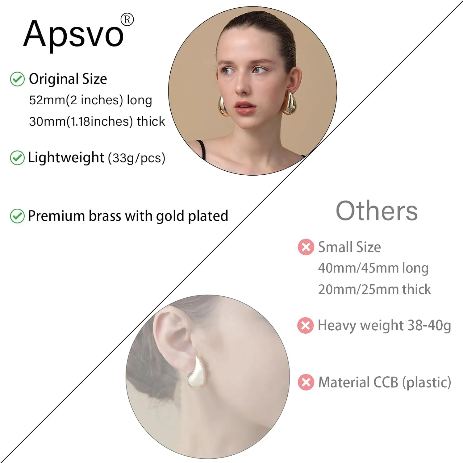 Apsvo Extra Large Drop Earring, Oversized Chunky Gold Hoop Earrings for Women, Lightweight Hypoallergenic Gold Plated Big Earrings Fashion Jewelry