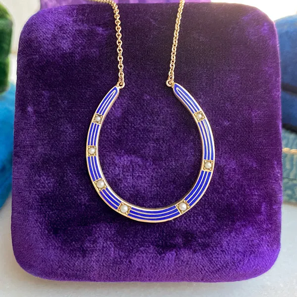 Art Deco Blue Enamel & Pearl Horseshoe Necklace
