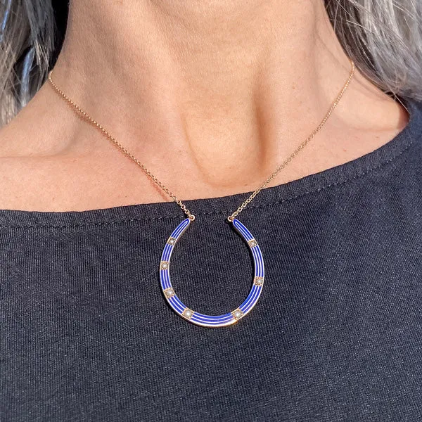 Art Deco Blue Enamel & Pearl Horseshoe Necklace
