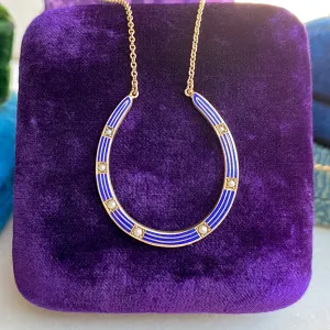Art Deco Blue Enamel & Pearl Horseshoe Necklace