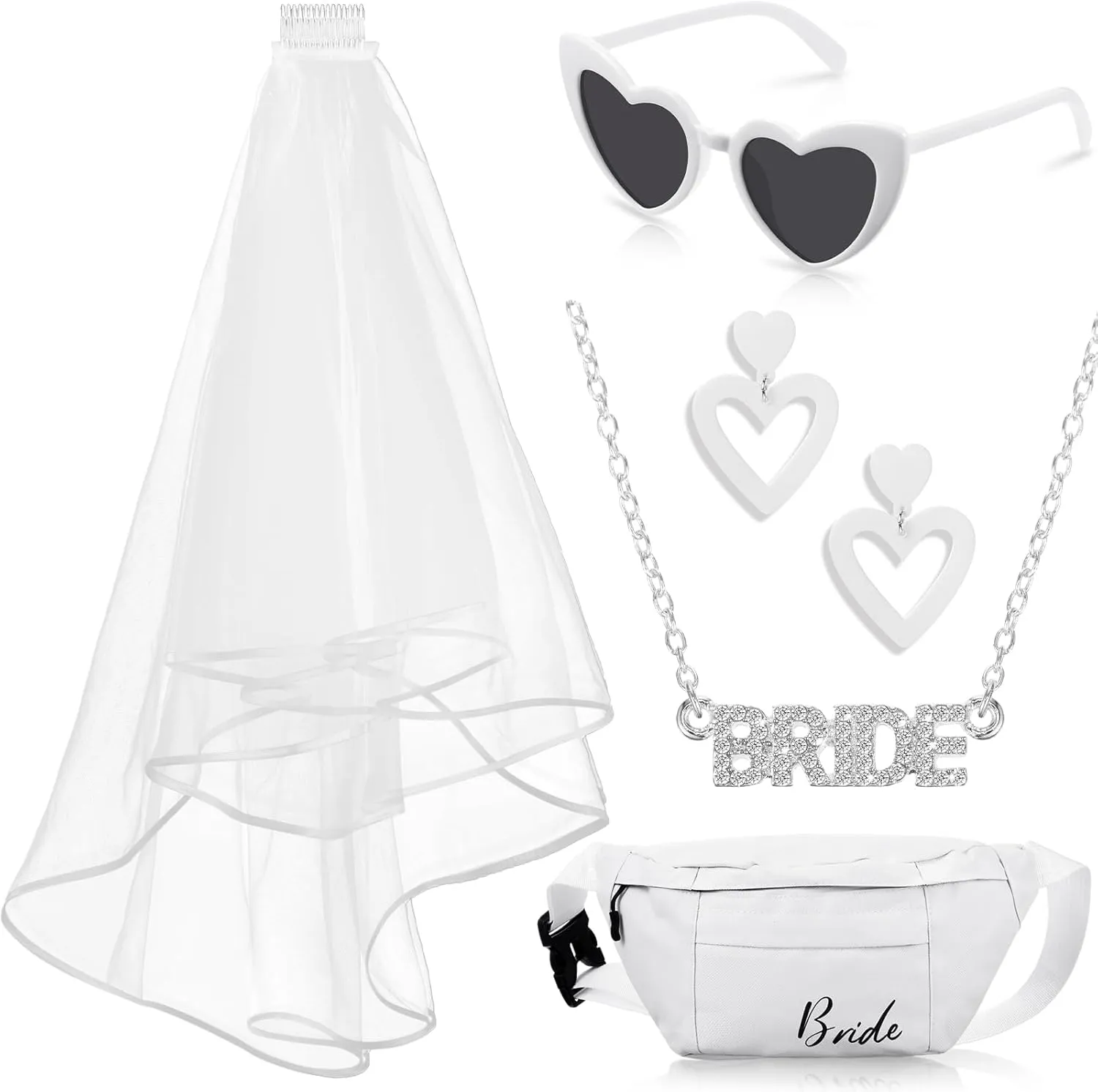 Bachelorette Party Decorations Kit Bridal Wedding Veil with Comb White Belt Bag with Adjustable Buckle Heart Shaped Sunglasses Hollow Earrings Diamond Bride Necklace for Bachelorette Party