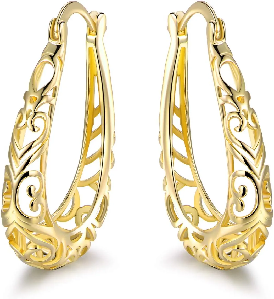 Barzel 18K Gold Plated Filigree Hoop Earrings