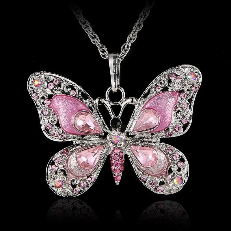 Beautiful Rhinestone Butterfly Long Necklaces Sweater Necklace Fashion Necklace For Women Necklace Pendants SilverJewelry Enamel