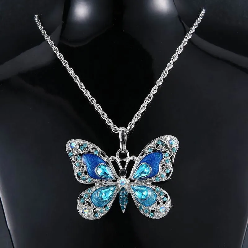 Beautiful Rhinestone Butterfly Long Necklaces Sweater Necklace Fashion Necklace For Women Necklace Pendants SilverJewelry Enamel