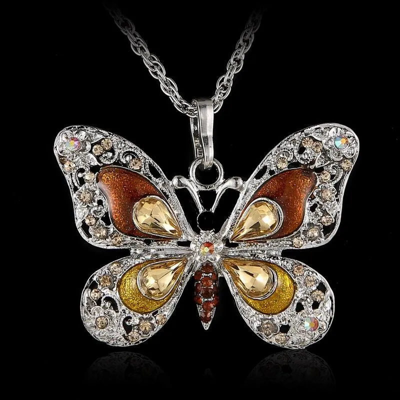 Beautiful Rhinestone Butterfly Long Necklaces Sweater Necklace Fashion Necklace For Women Necklace Pendants SilverJewelry Enamel