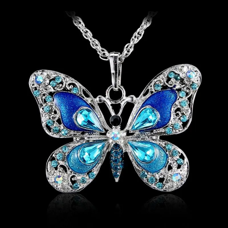 Beautiful Rhinestone Butterfly Long Necklaces Sweater Necklace Fashion Necklace For Women Necklace Pendants SilverJewelry Enamel