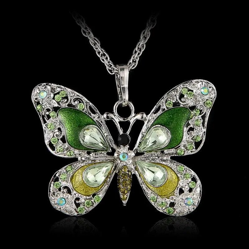 Beautiful Rhinestone Butterfly Long Necklaces Sweater Necklace Fashion Necklace For Women Necklace Pendants SilverJewelry Enamel