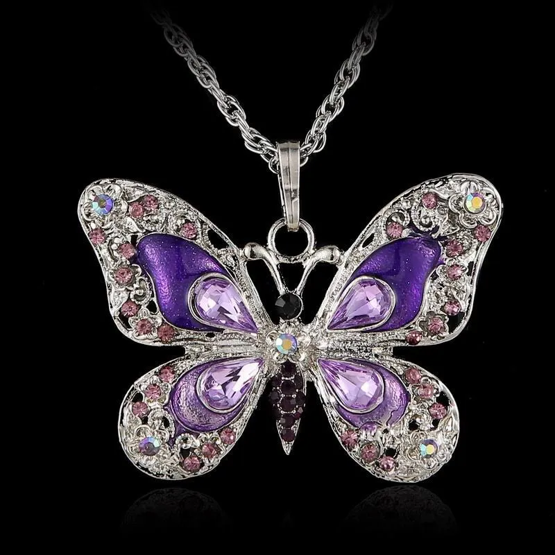 Beautiful Rhinestone Butterfly Long Necklaces Sweater Necklace Fashion Necklace For Women Necklace Pendants SilverJewelry Enamel