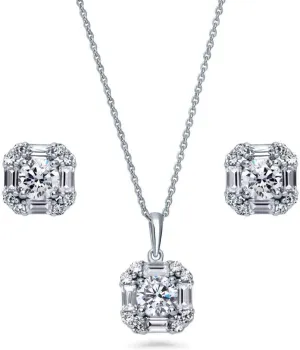 BERRICLE Sterling Silver Halo Round Cut Cubic Zirconia CZ Vintage Inspired Art Deco Fashion Necklace and Earrings Set for Women, Rhodium Plated