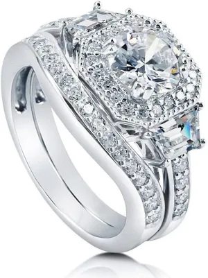 BERRICLE Sterling Silver Halo Wedding Engagement Rings Round Cut Cubic Zirconia CZ Vintage Inspired Art Deco Ring Set for Women, Rhodium Plated Size 4-10