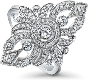 BERRICLE Sterling Silver Navette Cubic Zirconia CZ Statement Vintage Inspired Art Deco Cocktail Fashion Ring for Women, Rhodium Plated Size 4-10