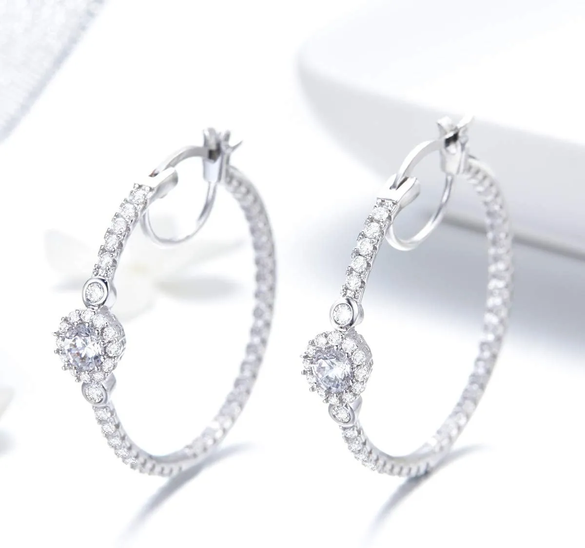 BISAER Gold Hoop Earrings for Women Large 14K White Gold Plated Huggie Earrings Cubic Zirconia Huggie Hoop Earring Cartilage Piercing Earrings Ear Cuff for Women