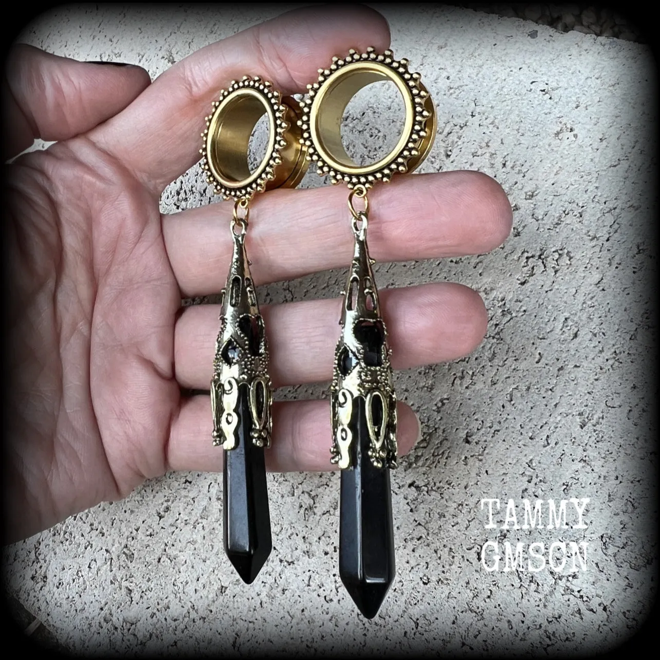Black obsidian tunnel dangles-Ornate tunnels
