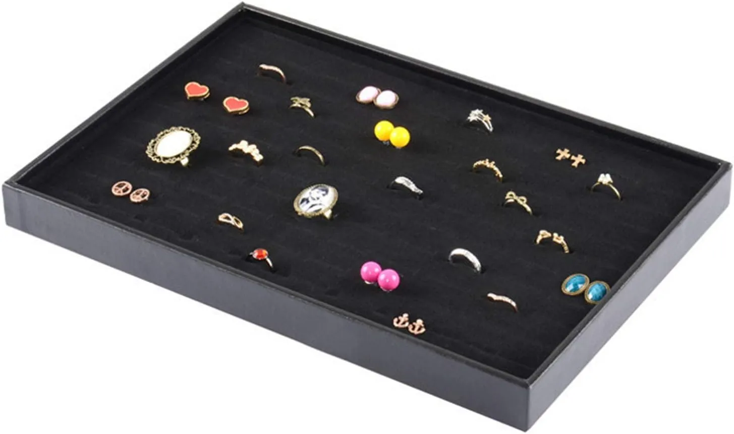 Black Velvet Stackable 100 Slot Ring Inserts Jewelry Tray Showcase Display Organizer Holder Storage Box Case Pad Stackers for Valet Closet, Decorate Vanity Table, Cabinet, College Dorm Drawer