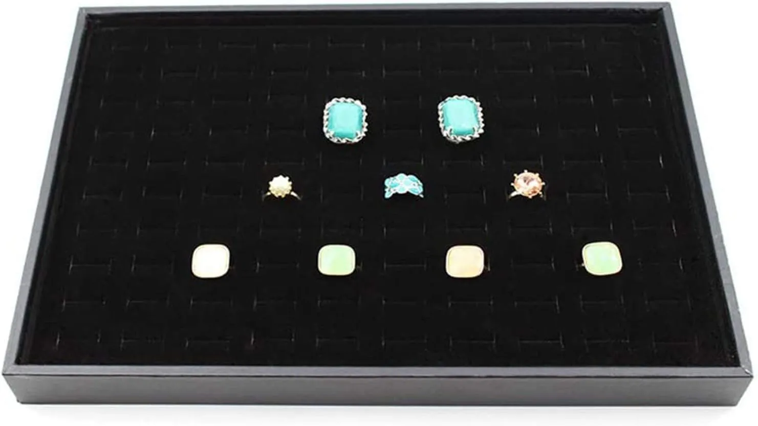 Black Velvet Stackable 100 Slot Ring Inserts Jewelry Tray Showcase Display Organizer Holder Storage Box Case Pad Stackers for Valet Closet, Decorate Vanity Table, Cabinet, College Dorm Drawer