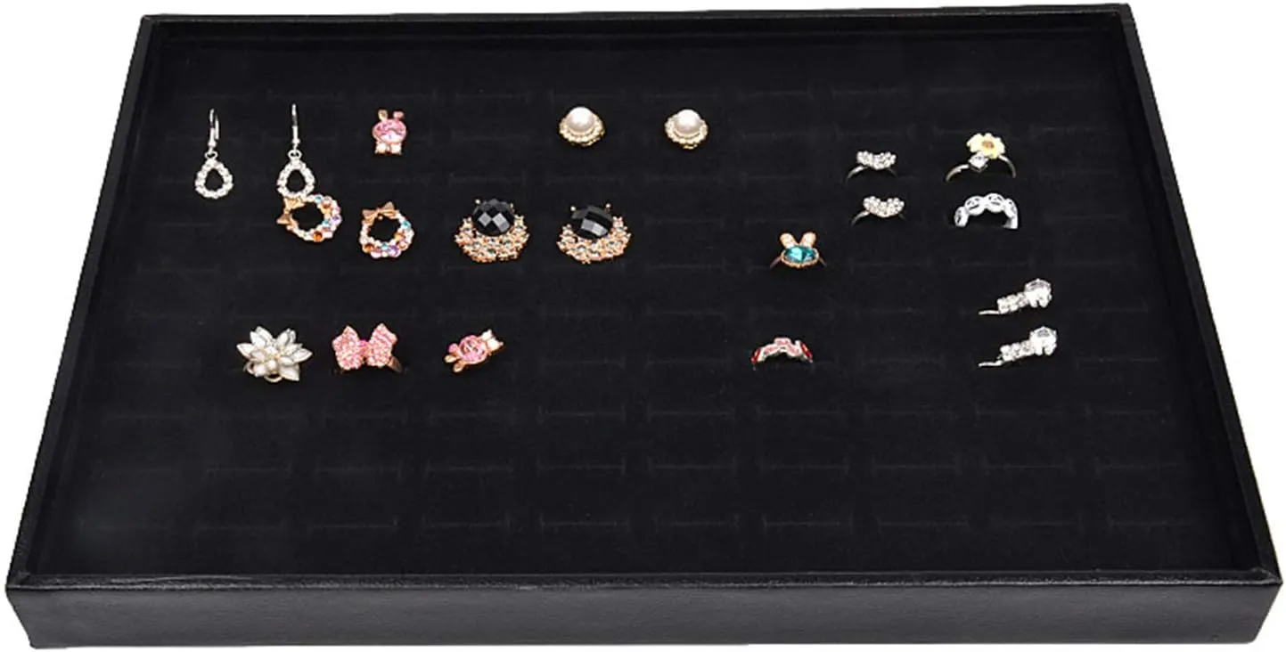 Black Velvet Stackable 100 Slot Ring Inserts Jewelry Tray Showcase Display Organizer Holder Storage Box Case Pad Stackers for Valet Closet, Decorate Vanity Table, Cabinet, College Dorm Drawer