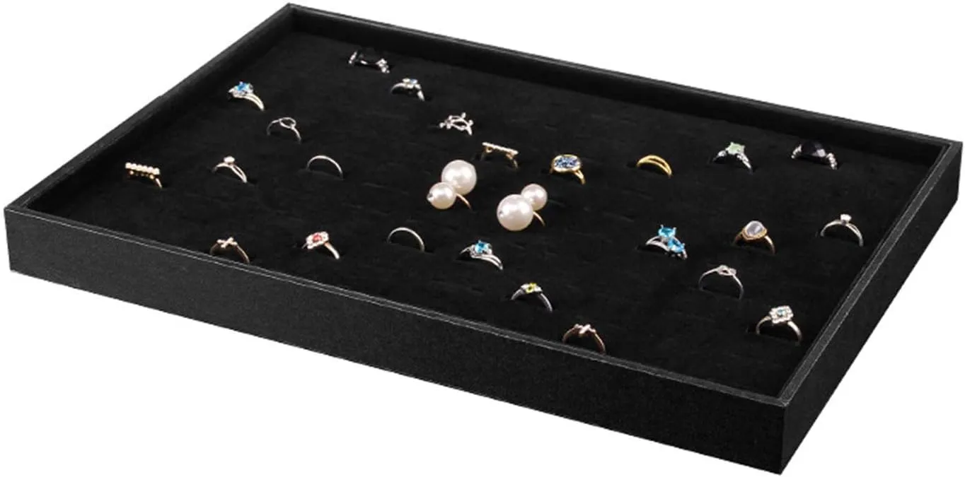 Black Velvet Stackable 100 Slot Ring Inserts Jewelry Tray Showcase Display Organizer Holder Storage Box Case Pad Stackers for Valet Closet, Decorate Vanity Table, Cabinet, College Dorm Drawer