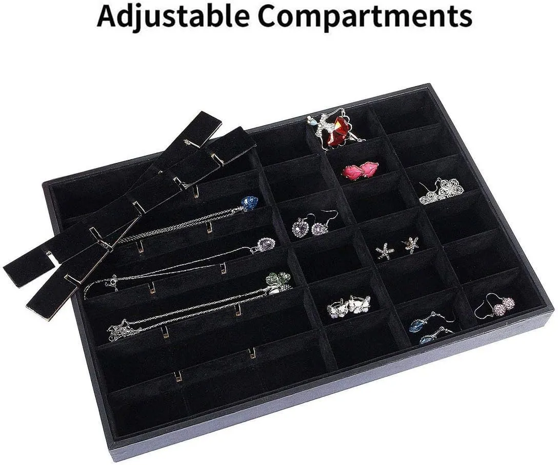 Black Velvet Stackable 36 Compartments Jewelry Tray Showcase Display Organizer Holder Rectangle Storage Box Case Containers Chest for Women Gemstone,Pendant,Key,Marble,Crystal Stone,Accessory,Diamond