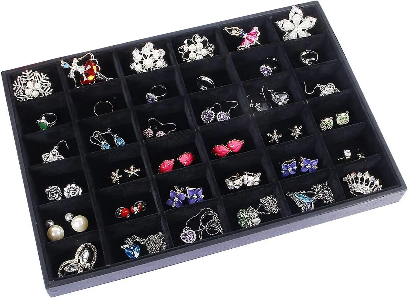 Black Velvet Stackable 36 Compartments Jewelry Tray Showcase Display Organizer Holder Rectangle Storage Box Case Containers Chest for Women Gemstone,Pendant,Key,Marble,Crystal Stone,Accessory,Diamond