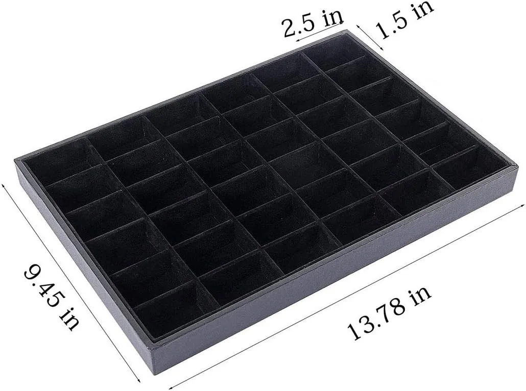 Black Velvet Stackable 36 Compartments Jewelry Tray Showcase Display Organizer Holder Rectangle Storage Box Case Containers Chest for Women Gemstone,Pendant,Key,Marble,Crystal Stone,Accessory,Diamond