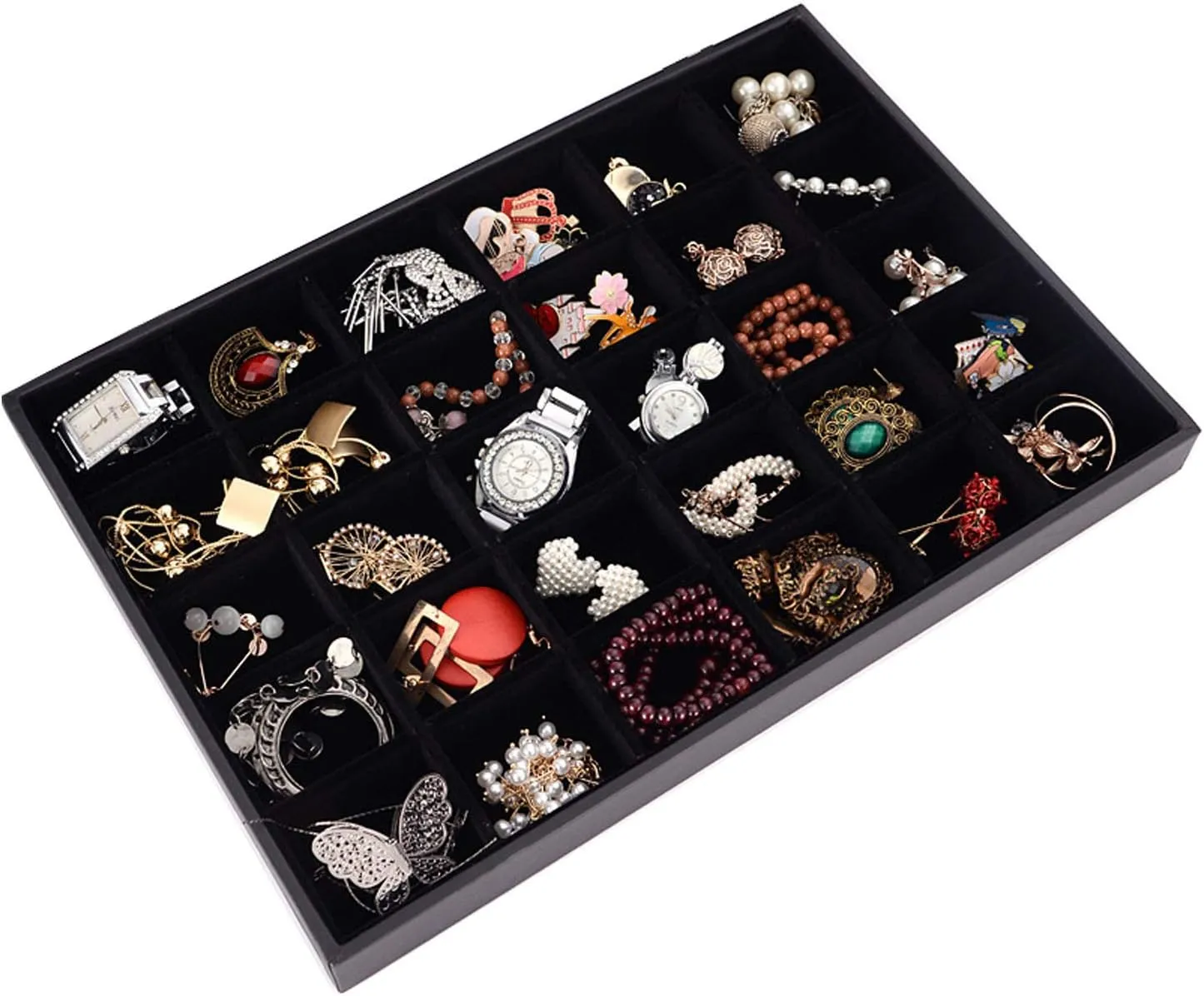 Black Velvet Stackable 36 Compartments Jewelry Tray Showcase Display Organizer Holder Rectangle Storage Box Case Containers Chest for Women Gemstone,Pendant,Key,Marble,Crystal Stone,Accessory,Diamond
