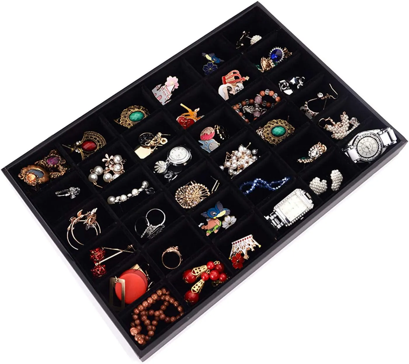 Black Velvet Stackable 36 Compartments Jewelry Tray Showcase Display Organizer Holder Rectangle Storage Box Case Containers Chest for Women Gemstone,Pendant,Key,Marble,Crystal Stone,Accessory,Diamond