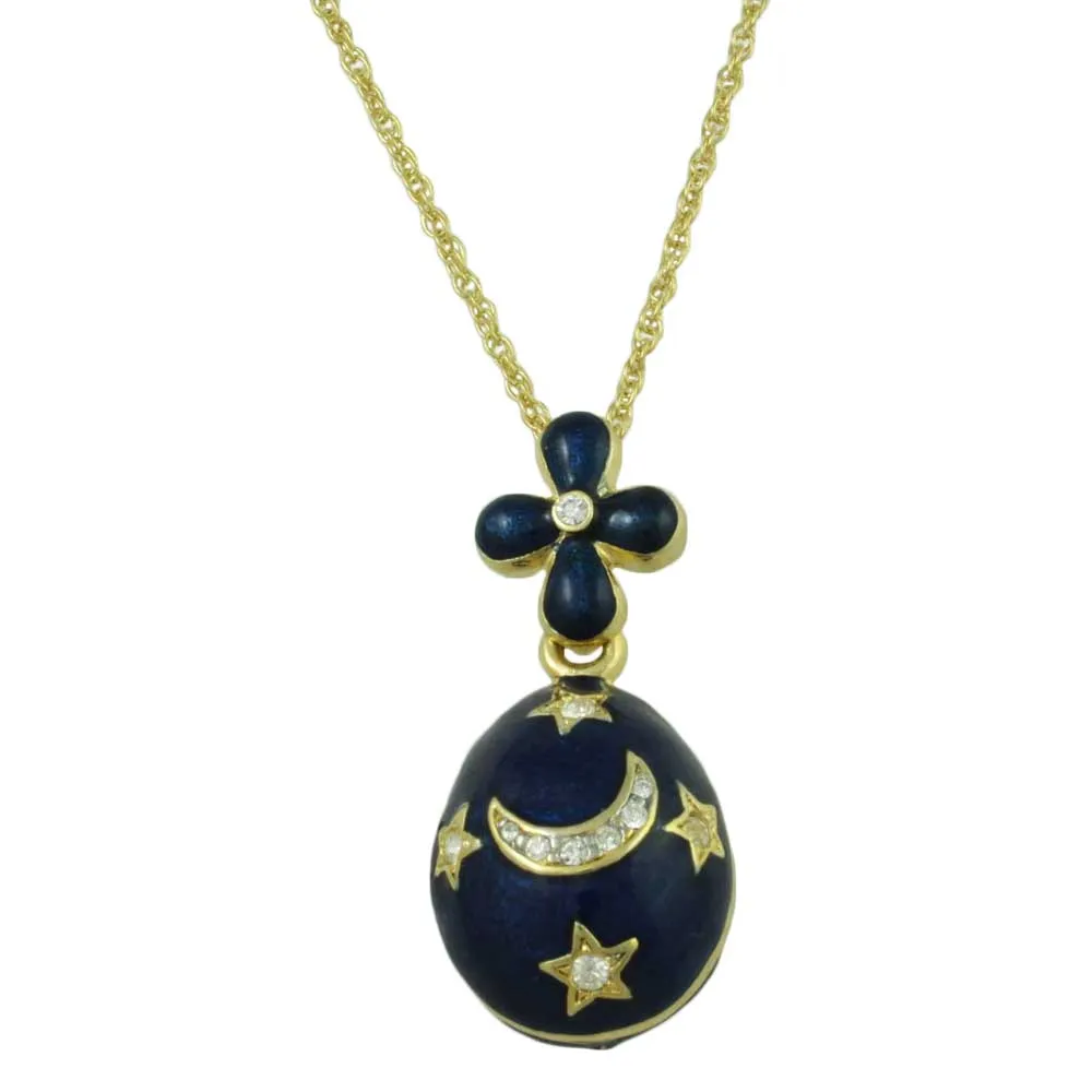 Blue Enamel and Crystals Celestial Egg Pendant on Chain - PT611