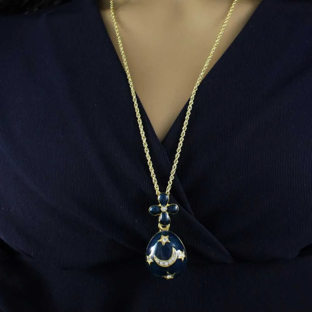 Blue Enamel and Crystals Celestial Egg Pendant on Chain - PT611