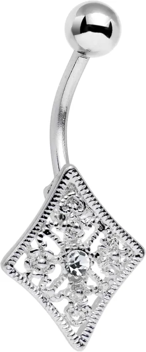 Body Candy Stainless Steel Clear Accent Floral Fiesta Art Deco Square Belly Button Ring